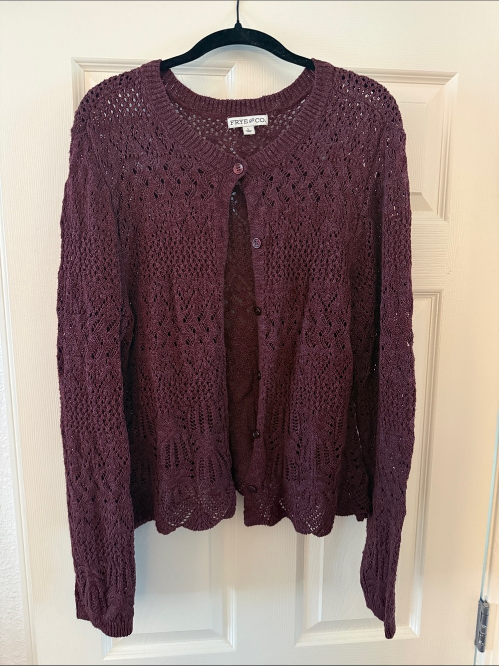 FRYE AND CO. Deep Plum Openwork Button Cardigan